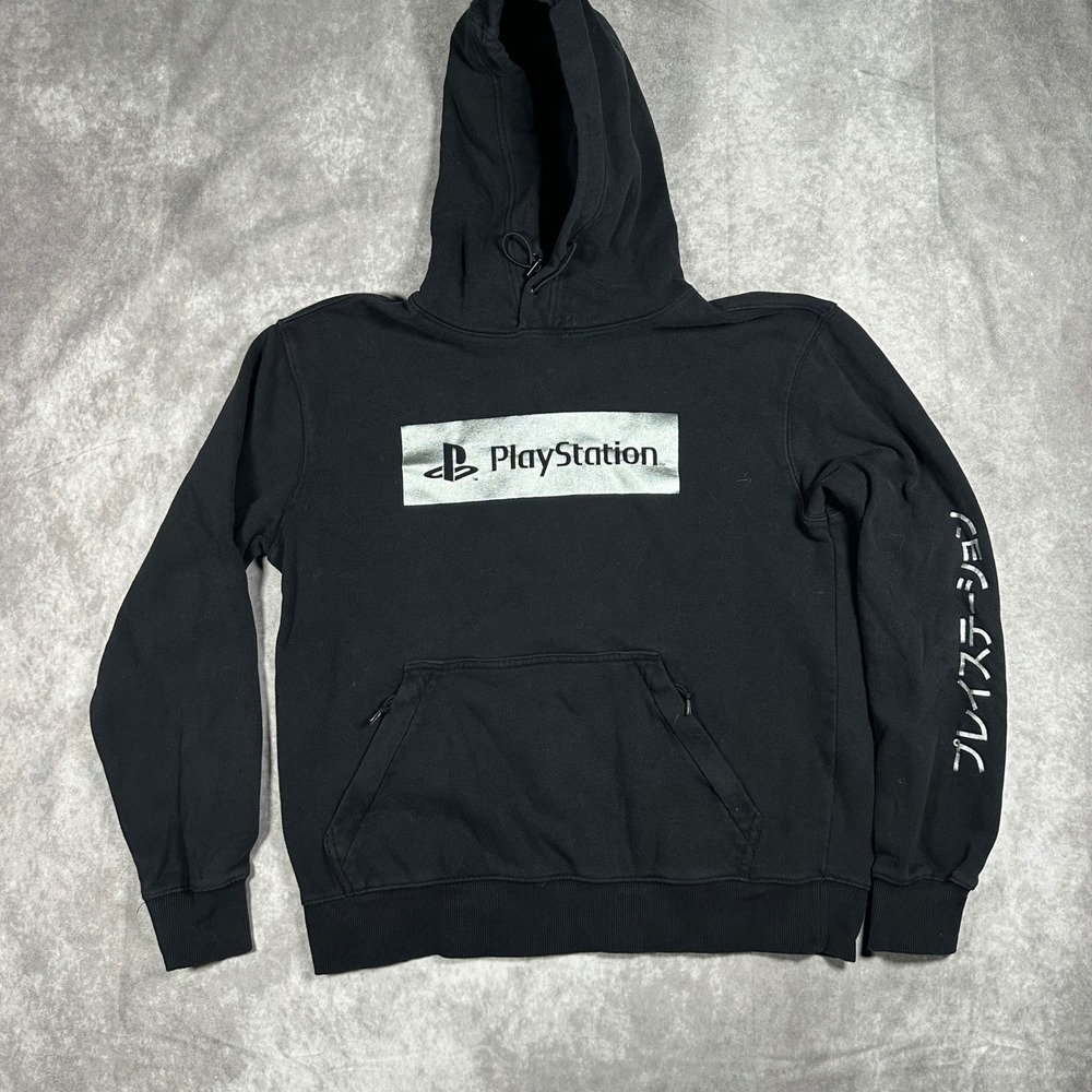 PlayStation Hoodie Mens Small Boxy Fit Black Silver Japanese Katakana Graphic